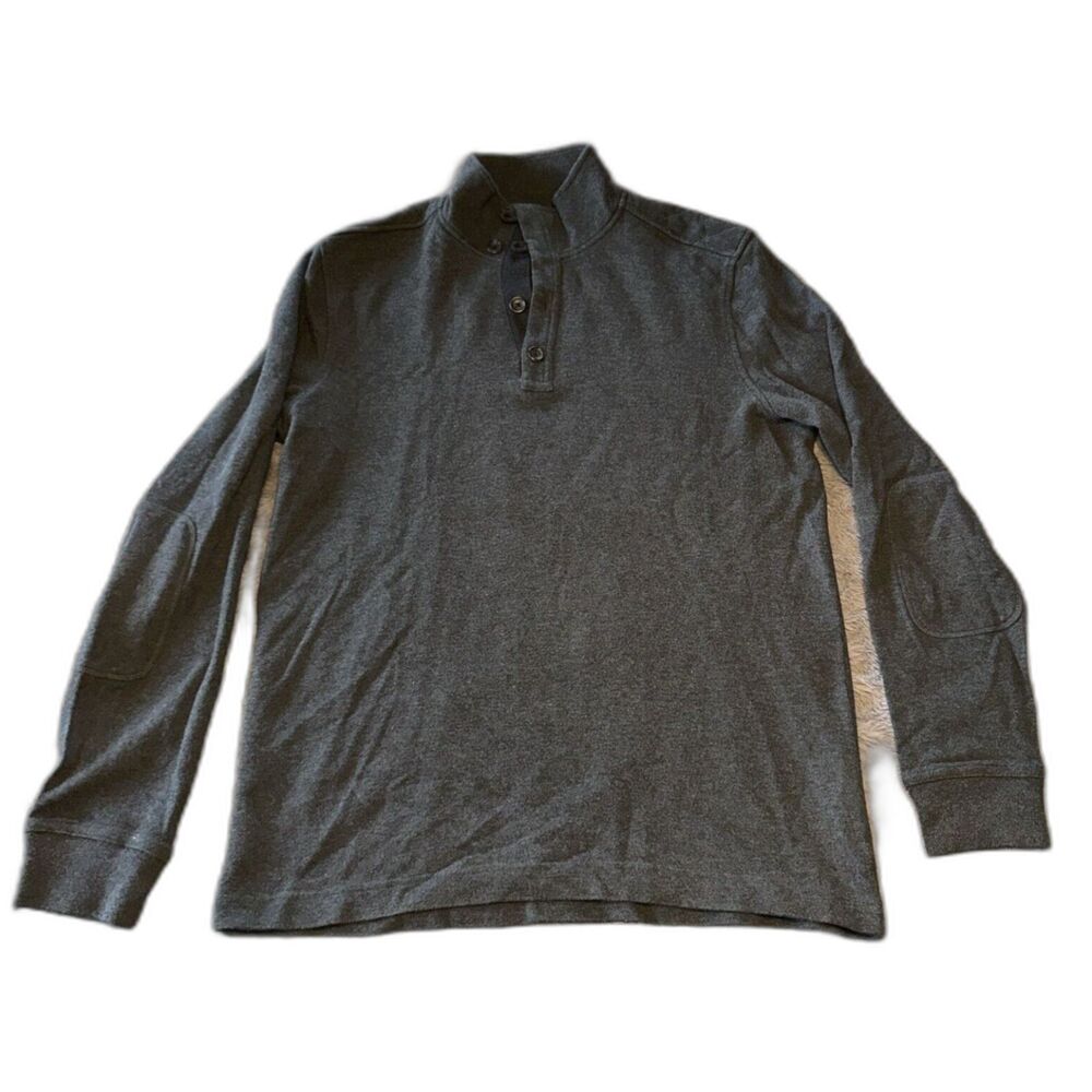 Banana Republic Men's Polo Quarter Button Long Sleeve Heather Gray Cotton Large
